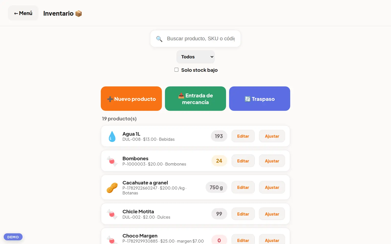 Control de inventario en Delogy POS con existencias, alertas de stock y ajuste por producto