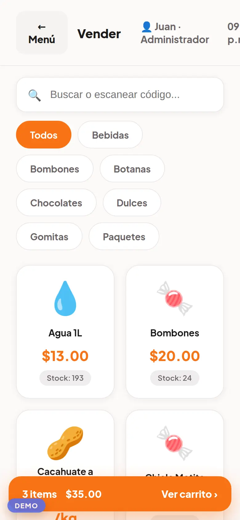 Delogy POS en el celular: catálogo y carrito de venta en pantalla móvil